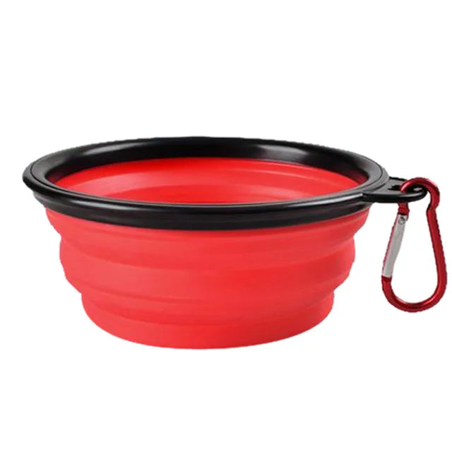 Red collapsible pet travel bowl with carabiner clip