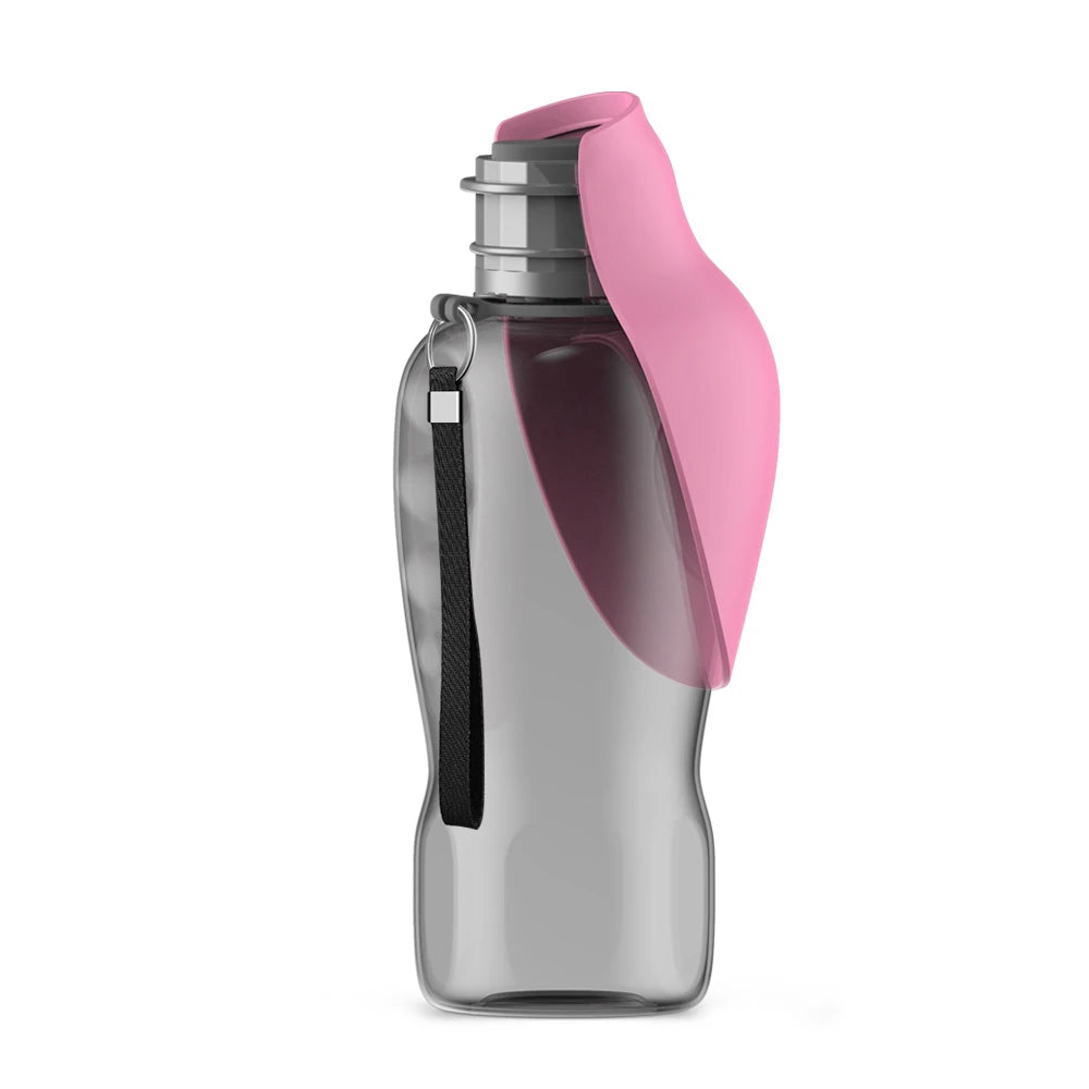 Pink travel pet water bottle with fold-out drinking cup