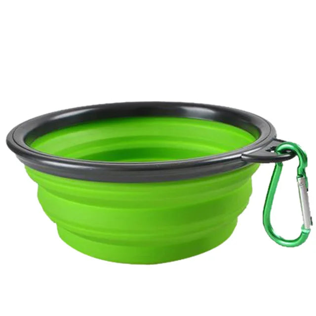 Green collapsible pet travel bowl with carabiner clip