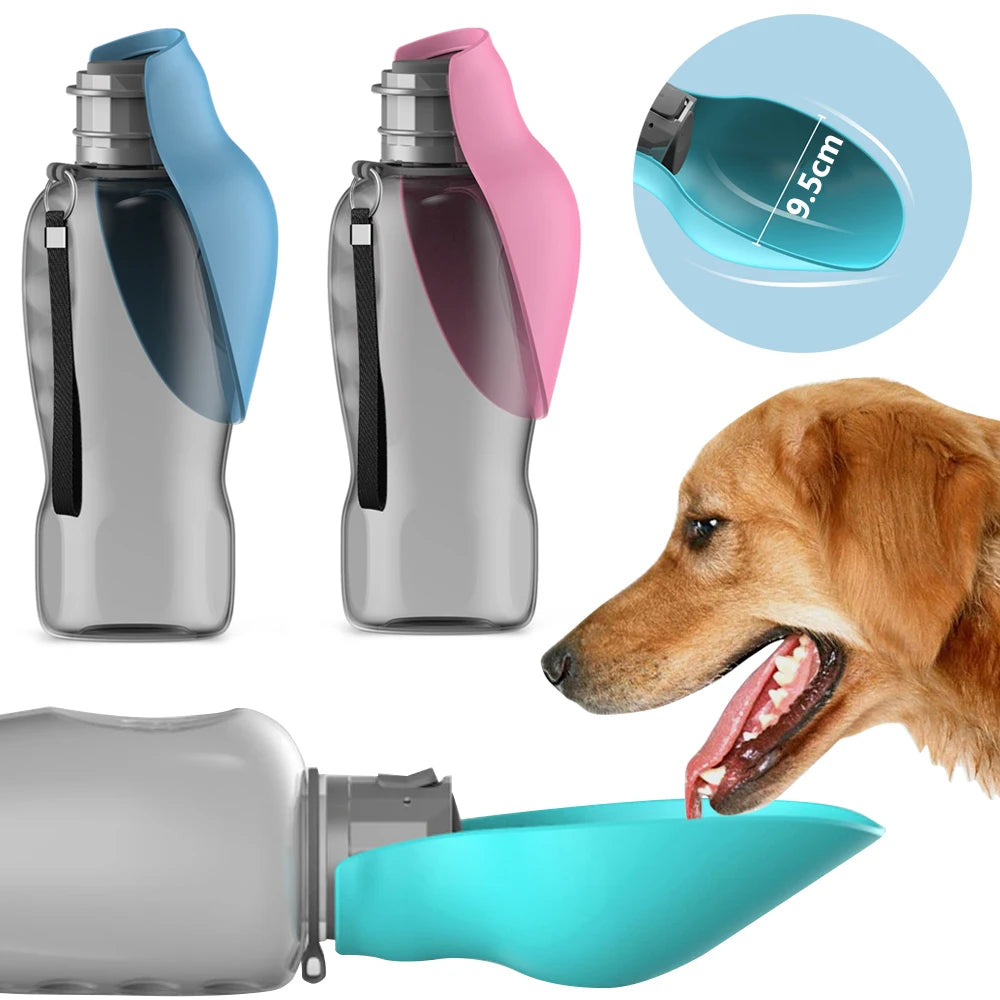 Foldable travel water bottle for dogs in turquoise and pink, with fold-out drinking cup