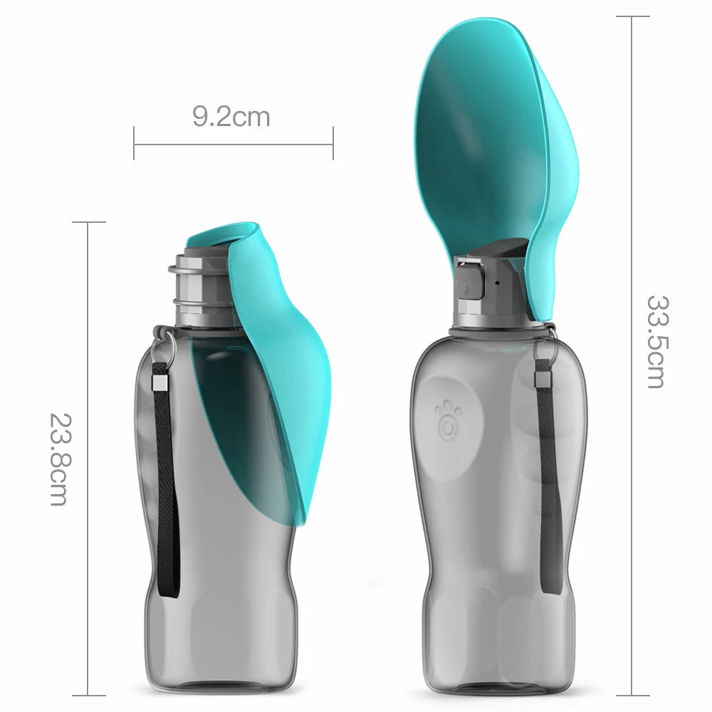 Travel pet water bottle folded and extended, showing height and width dimensions