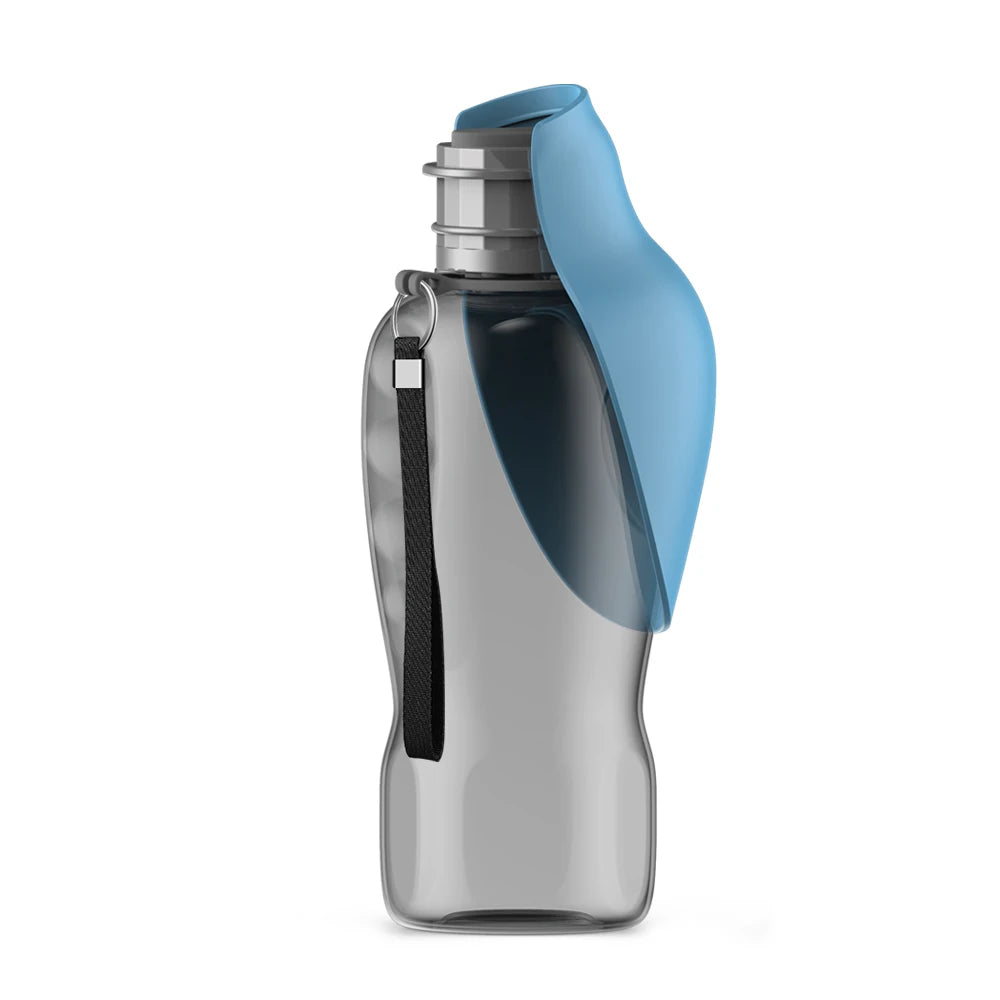 Blue travel pet water bottle with fold-out drinking cup