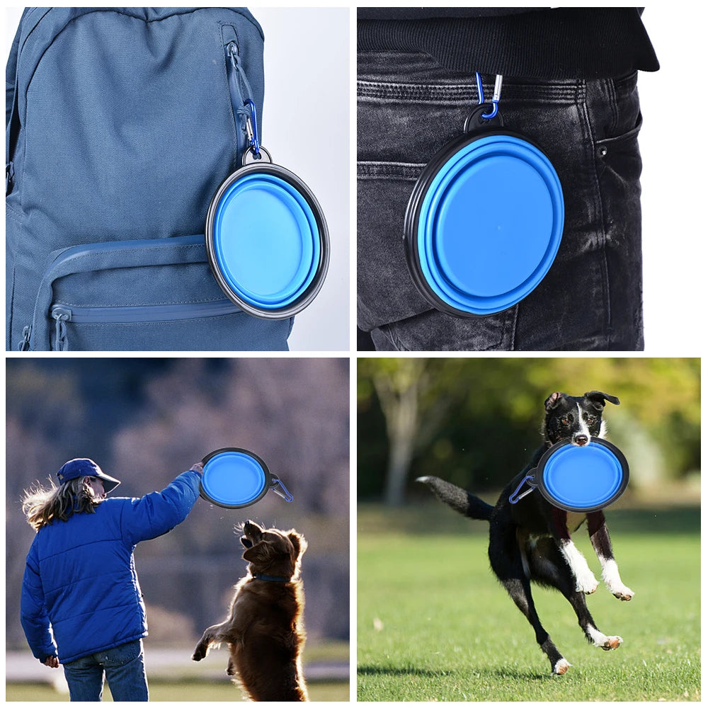 Blue collapsible pet travel bowl clipped to a backpack and used outdoors with a dog